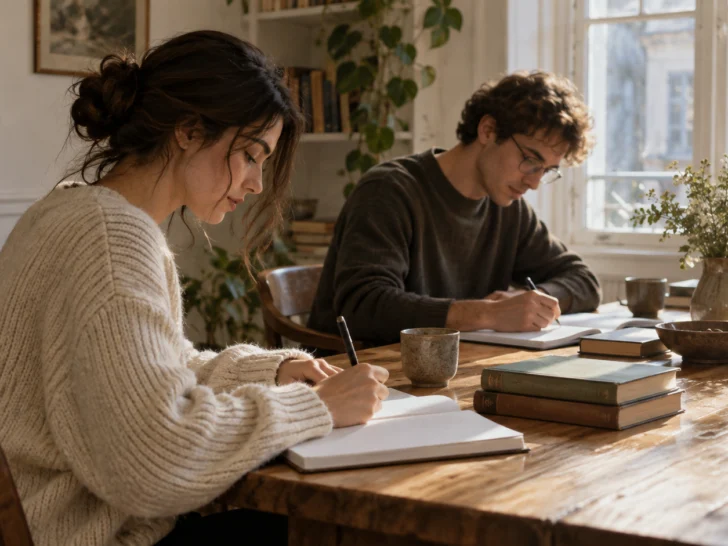 Two friends study at a bright wooden table in soft morning light.