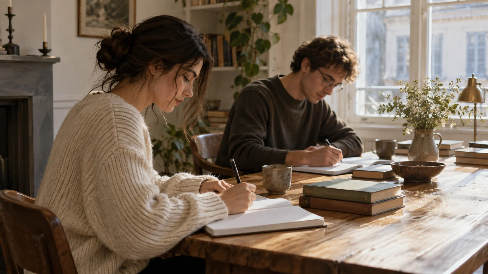 Two friends study at a bright wooden table in soft morning light.