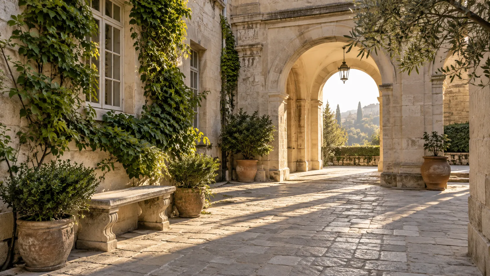 Sunlight crosses a pale stone courtyard covered with green ivy.