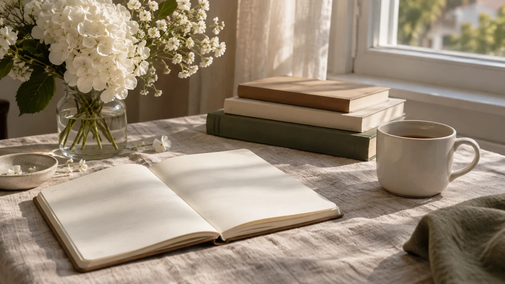 A blank notebook, white flowers, and tea rest on a linen-covered table.