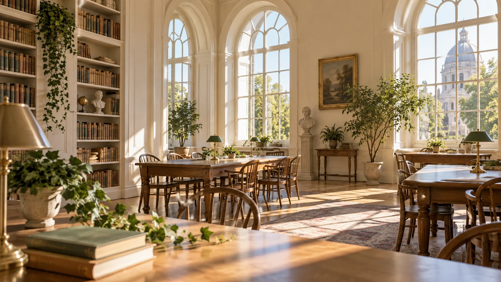 A bright cream library with arched windows and plants stands empty.