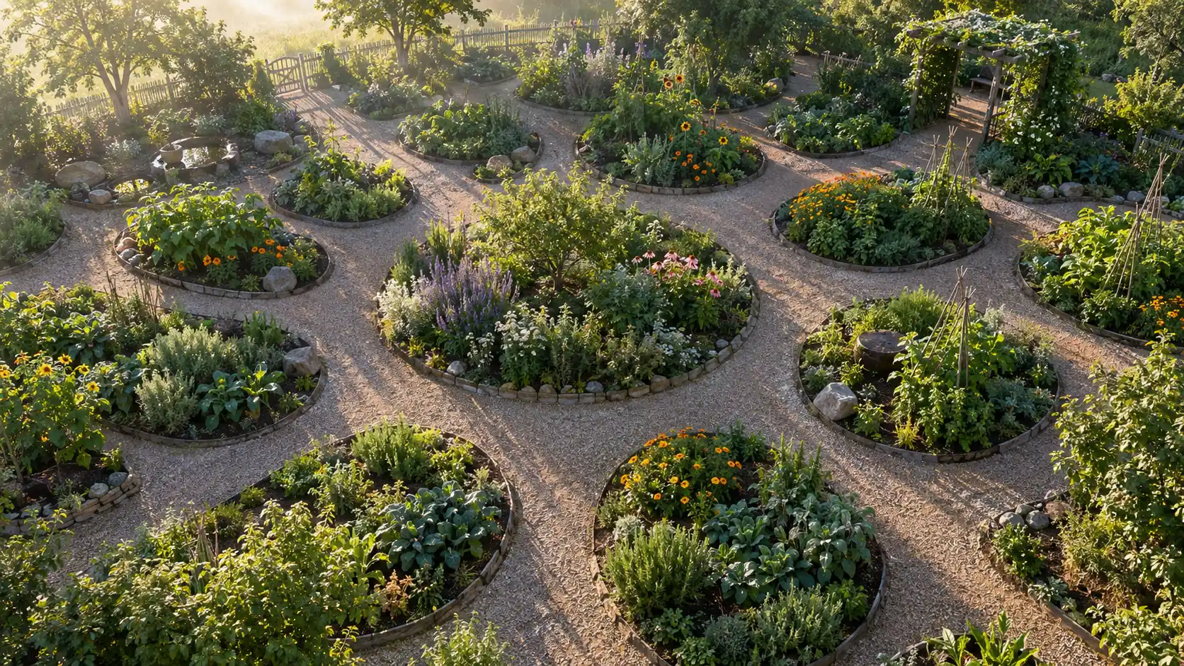 Garden plots connected by winding paths