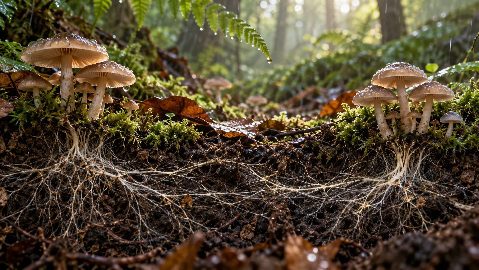 Glowing fungal threads beneath a forest floor