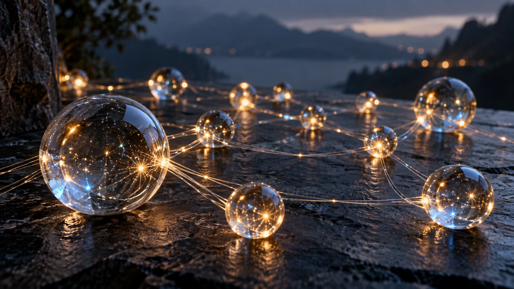Glass nodes linked across a dark tabletop