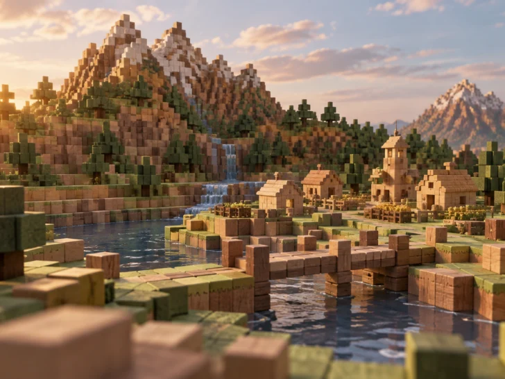 A handcrafted landscape of plain wooden cubes forms mountains, forest, and a tiny village.