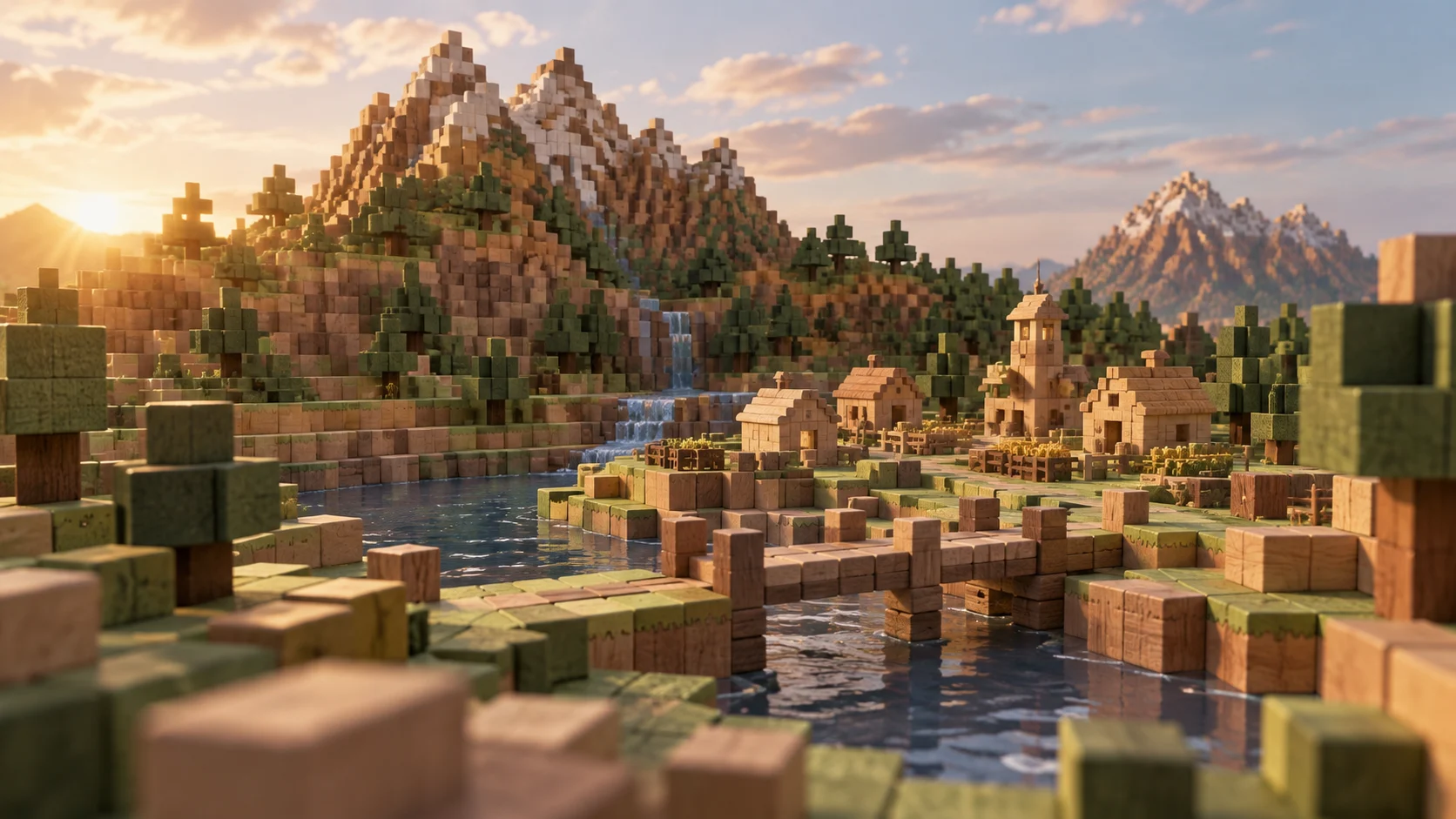 A handcrafted landscape of plain wooden cubes forms mountains, forest, and a tiny village.