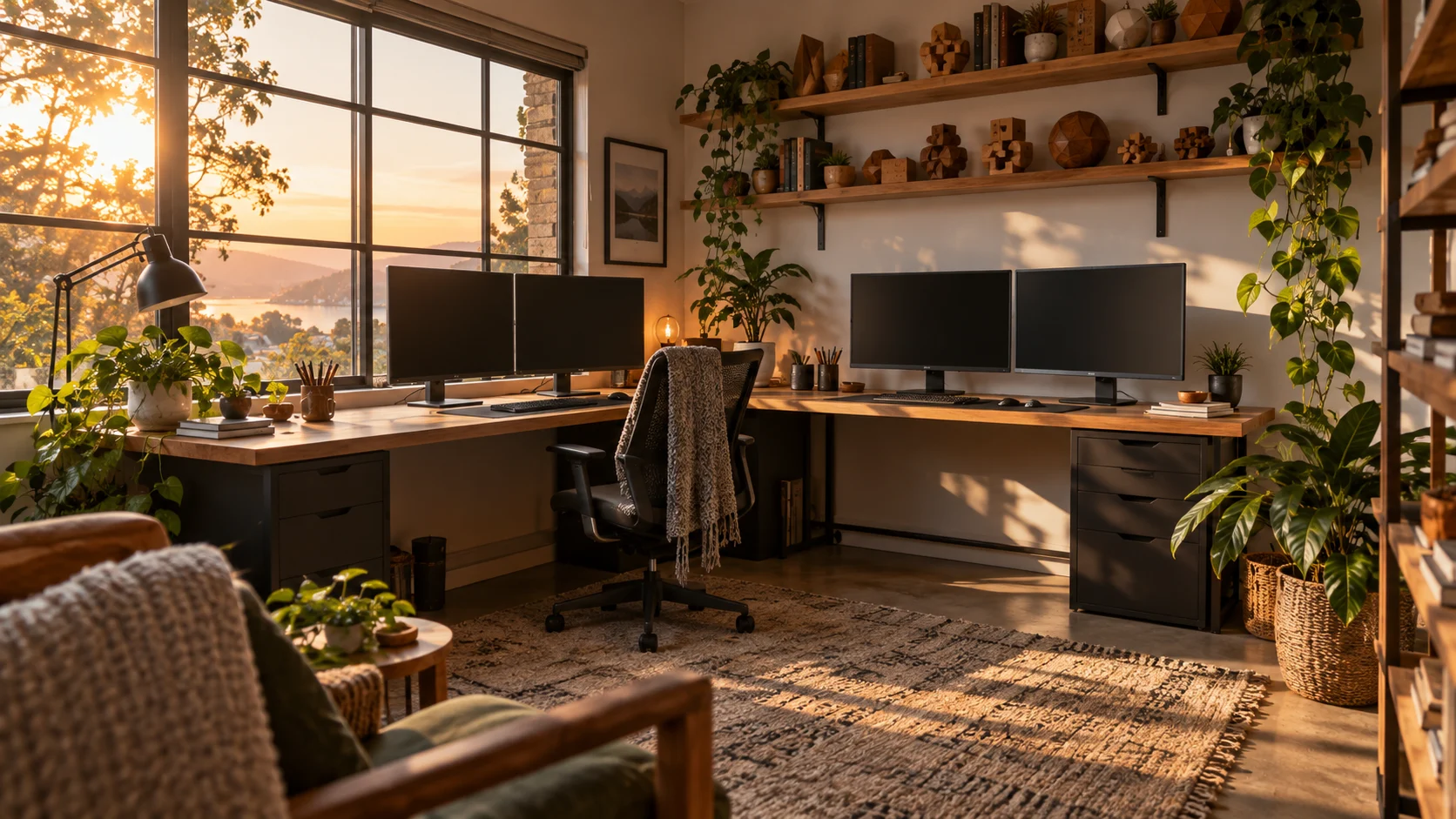 An empty computer room pairs blank monitors with geometric wooden models and plants.
