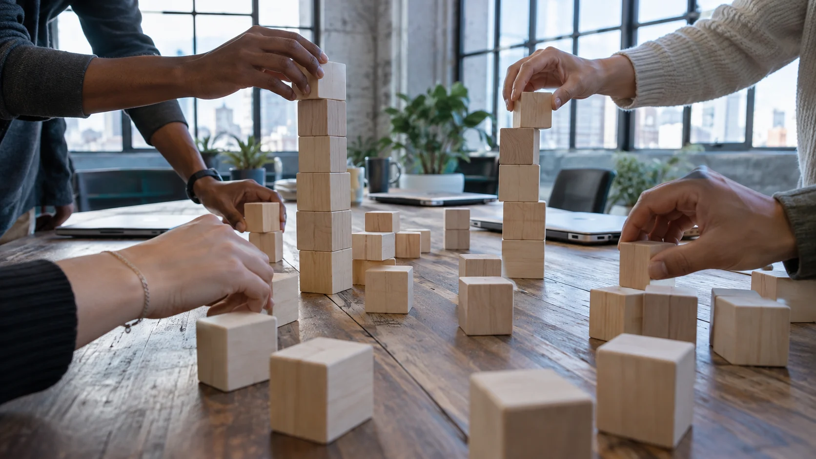 Friends collaboratively stack plain wooden cubes across a long table.