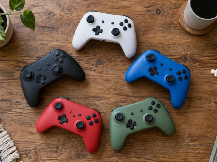 Five differently colored unbranded controllers form a loose circle on a wooden table.