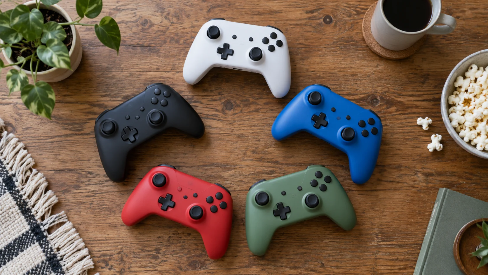 Five differently colored unbranded controllers form a loose circle on a wooden table.