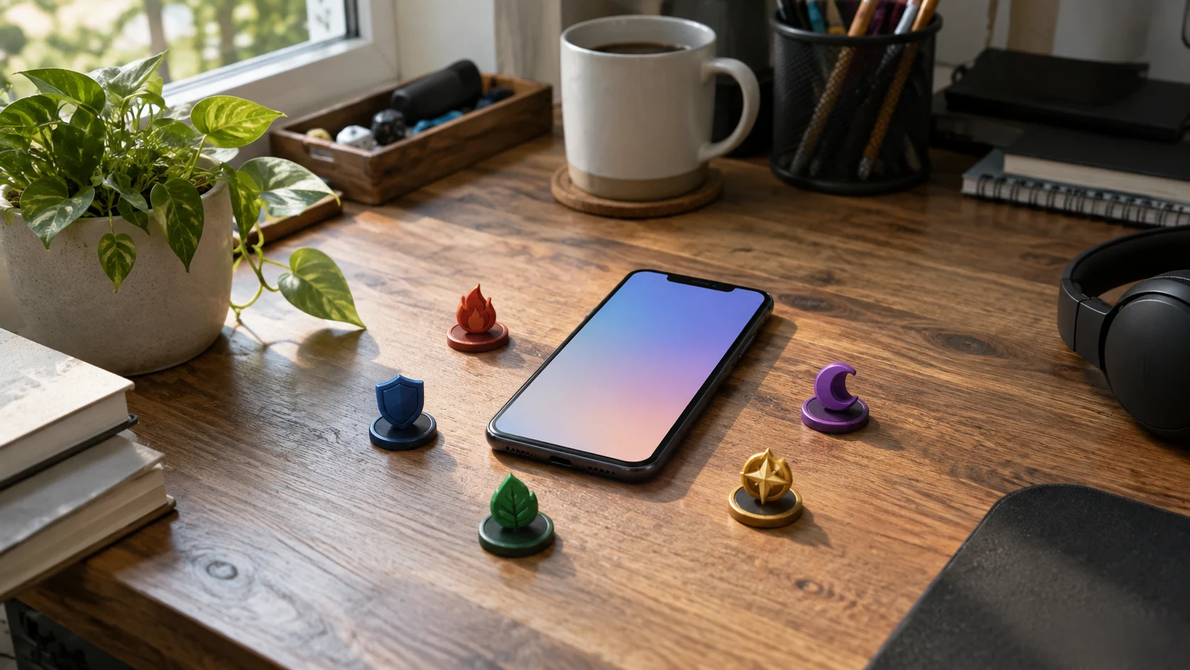 Five colorful role tokens circle a generic phone on a bright casual gaming desk.