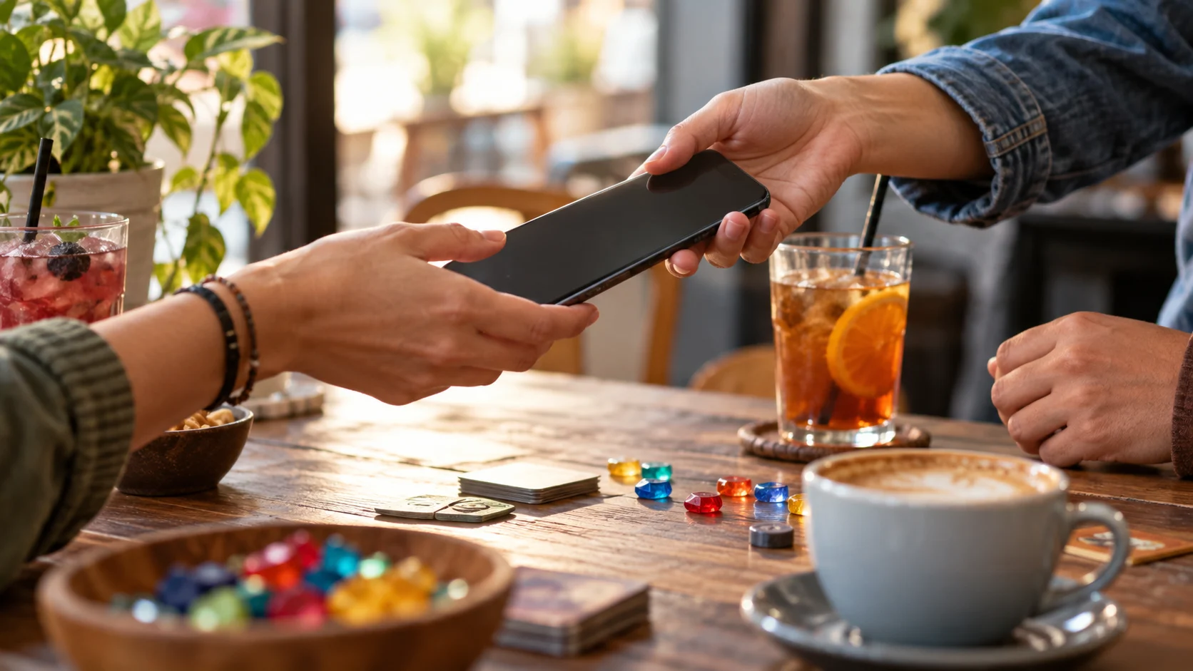 Friends pass a generic phone across a caf&eacute; table with colorful tokens and drinks.