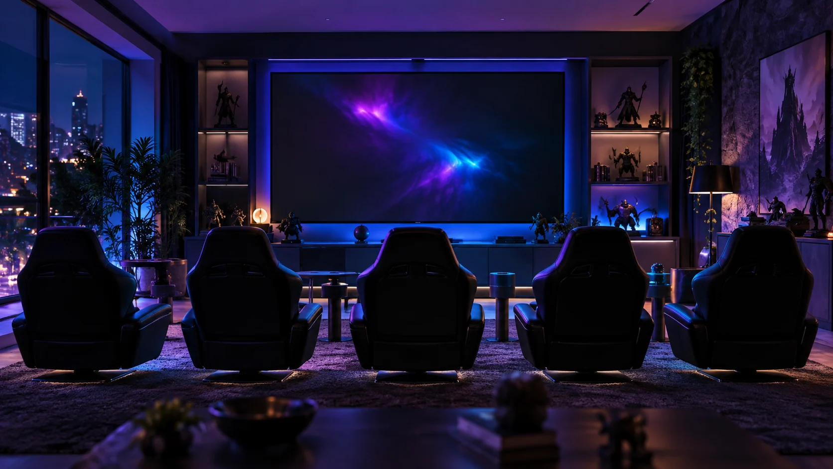 Five empty gaming seats face an abstract dark display in a neon-lit lounge.