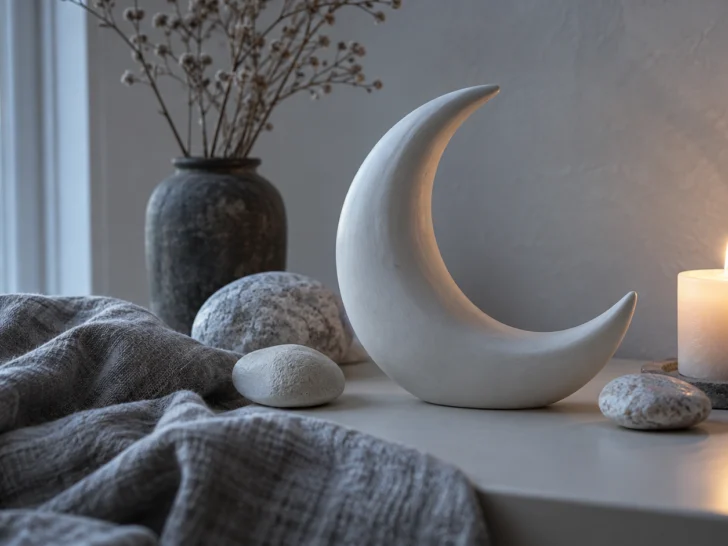 A crescent-shaped ceramic dish rests in a softly lit nighttime still life.