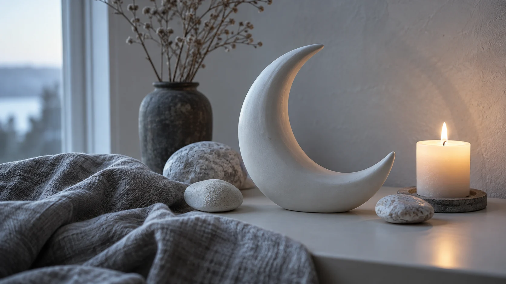 A crescent-shaped ceramic dish rests in a softly lit nighttime still life.