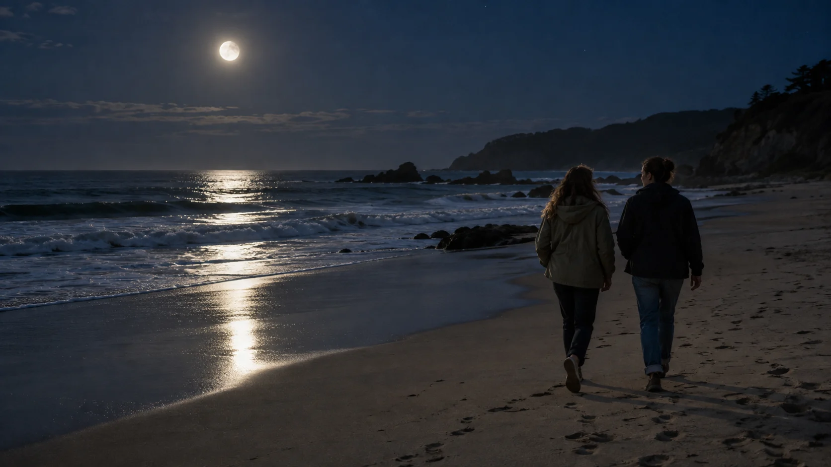 Two friends walk along a moonlit beach with their backs to the camera.