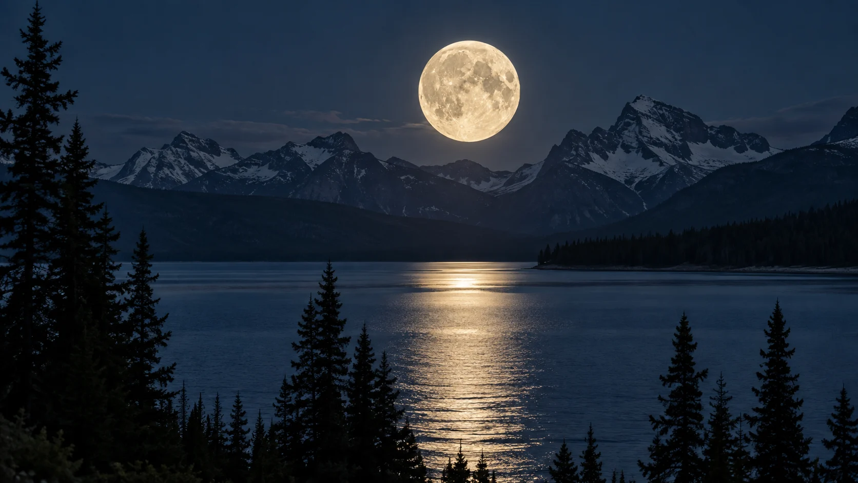 A full moon reflects across a calm mountain lake at night.