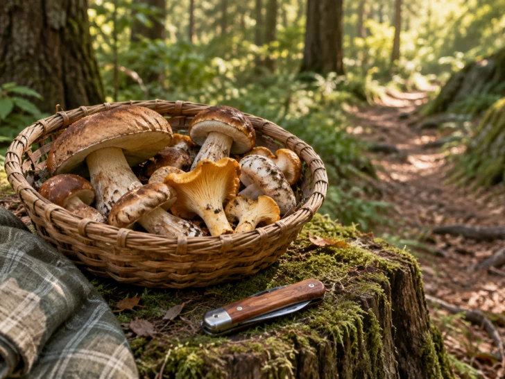 A wicker basket of edible mushrooms rests beside a quiet woodland trail.