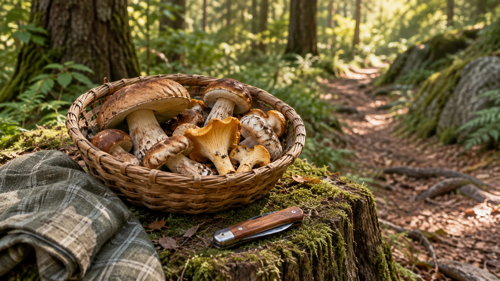 A wicker basket of edible mushrooms rests beside a quiet woodland trail.