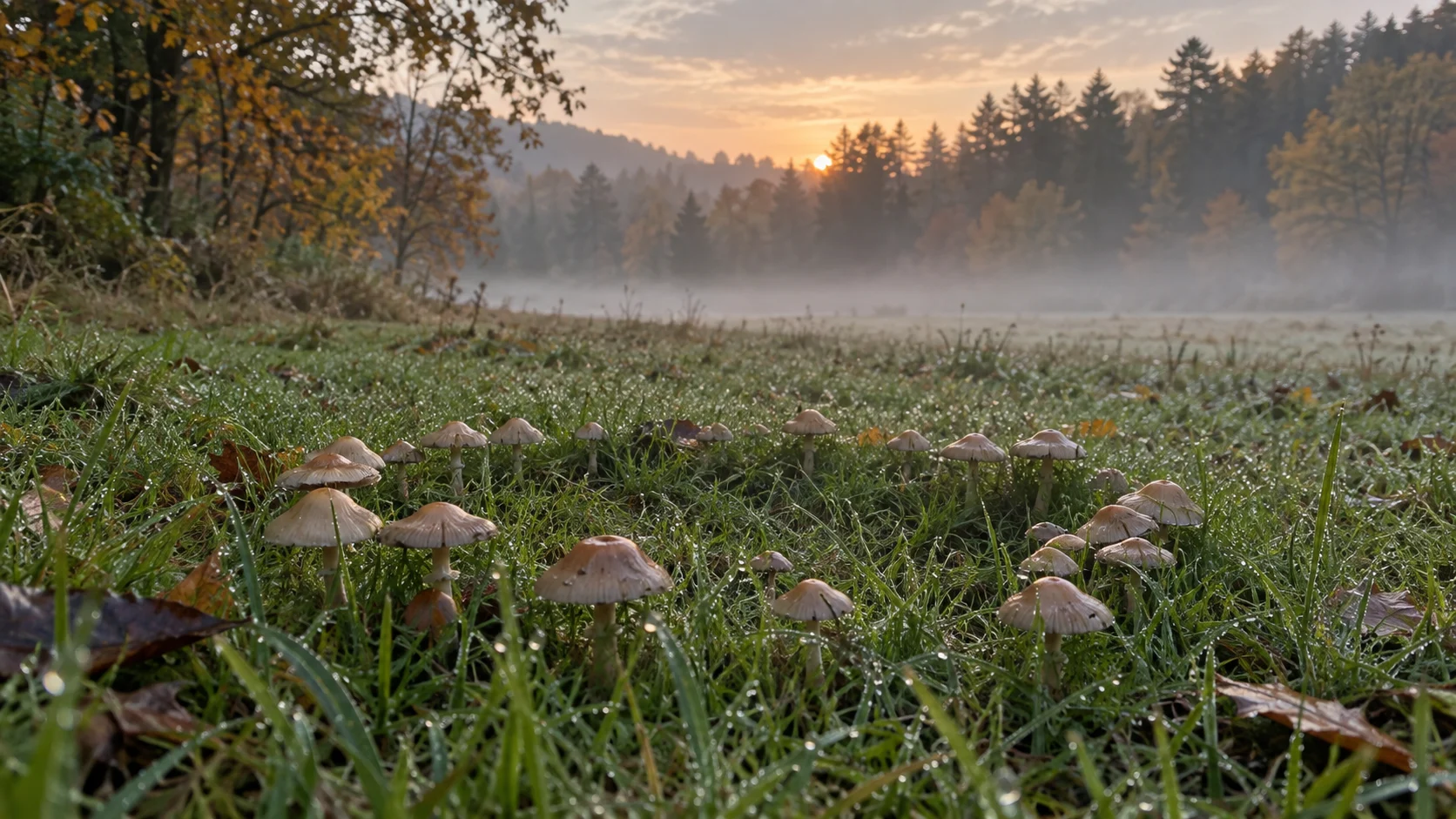 A natural ring of mushrooms circles a misty woodland clearing.
