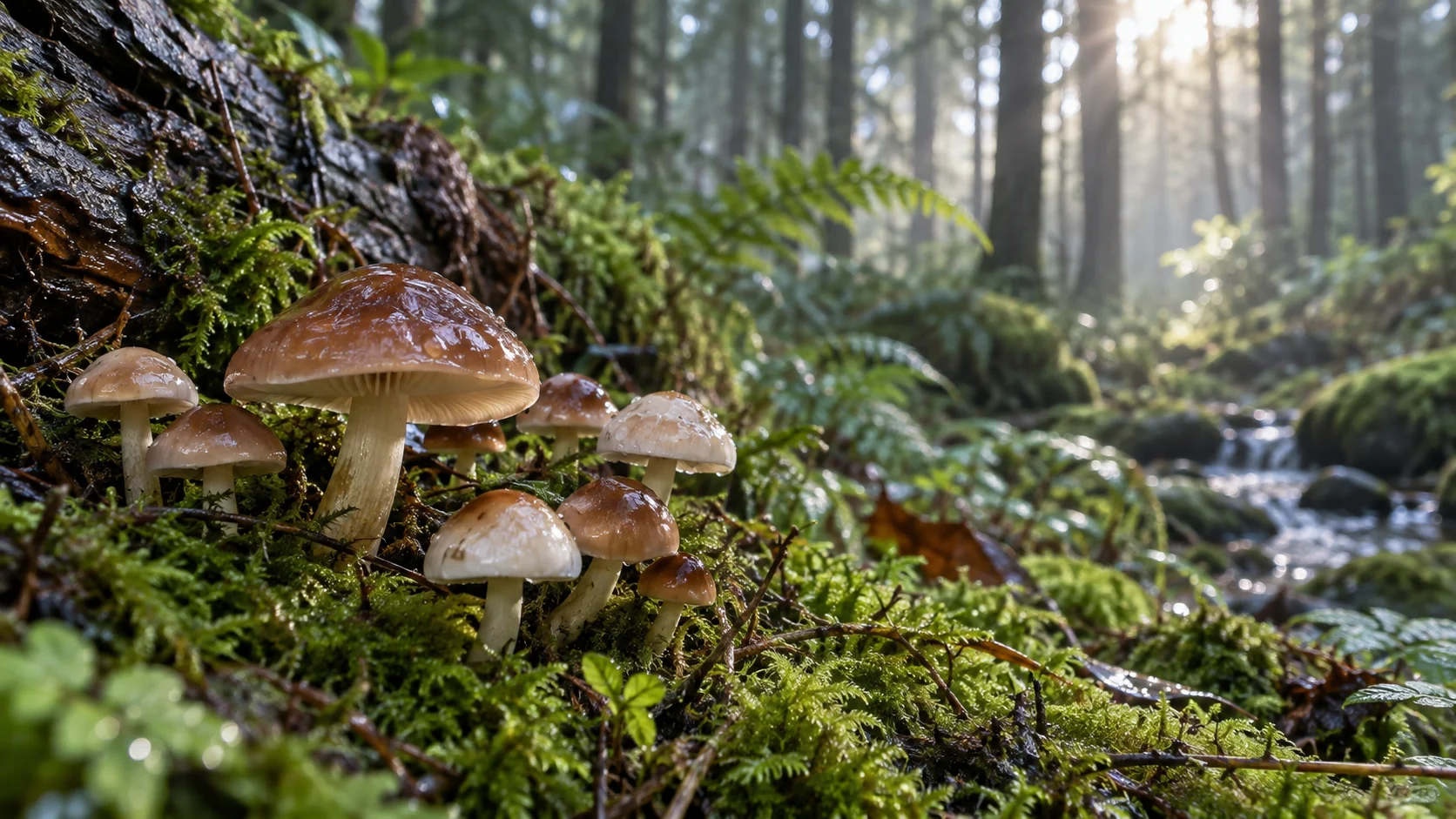 Small woodland mushrooms rise from vivid moss on a damp forest floor.