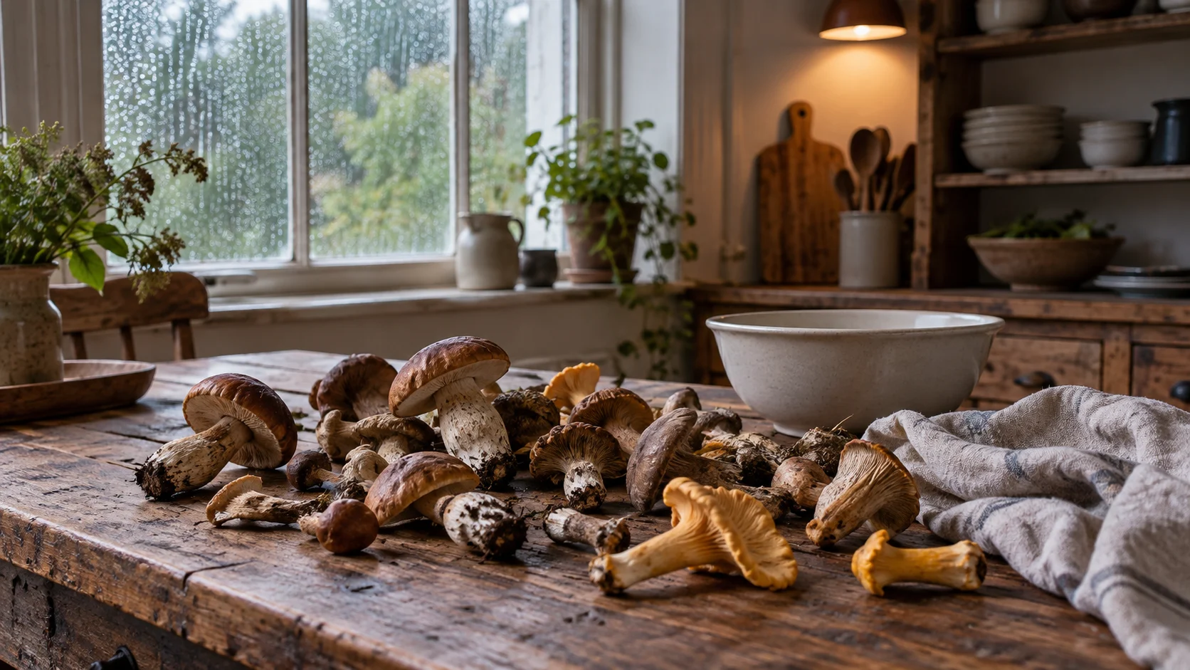 Fresh mushrooms dry on a wooden table in a rain-lit cottage kitchen.
