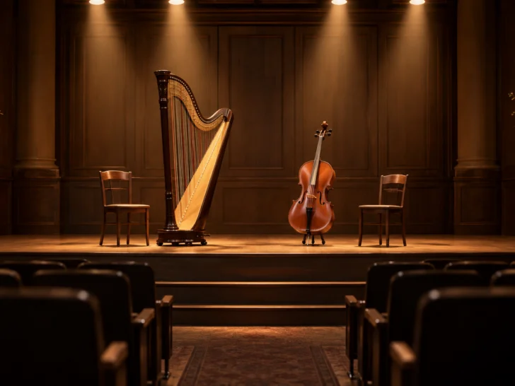 A harp and cello wait beneath warm lights on an empty concert stage.