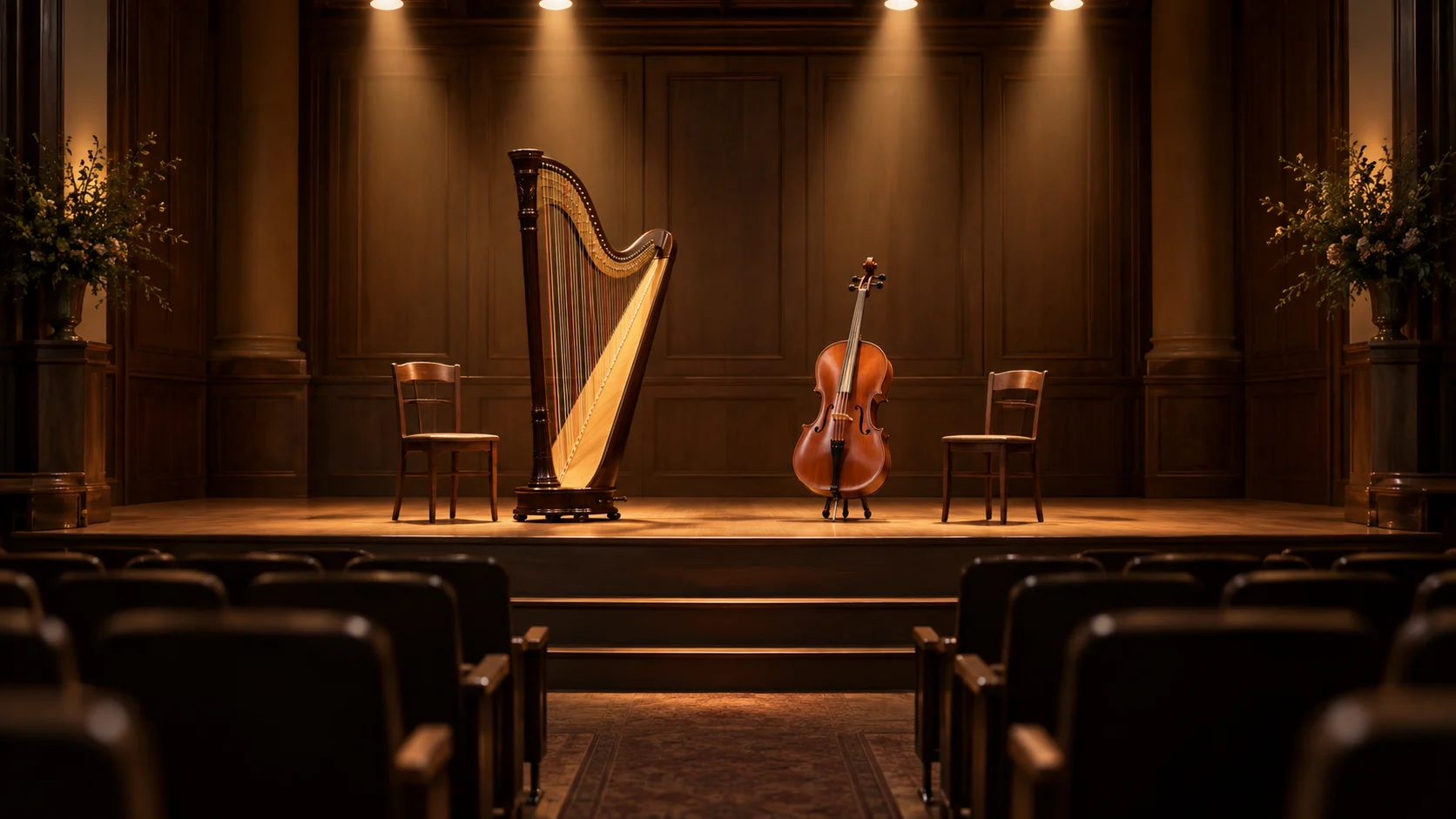 A harp and cello wait beneath warm lights on an empty concert stage.