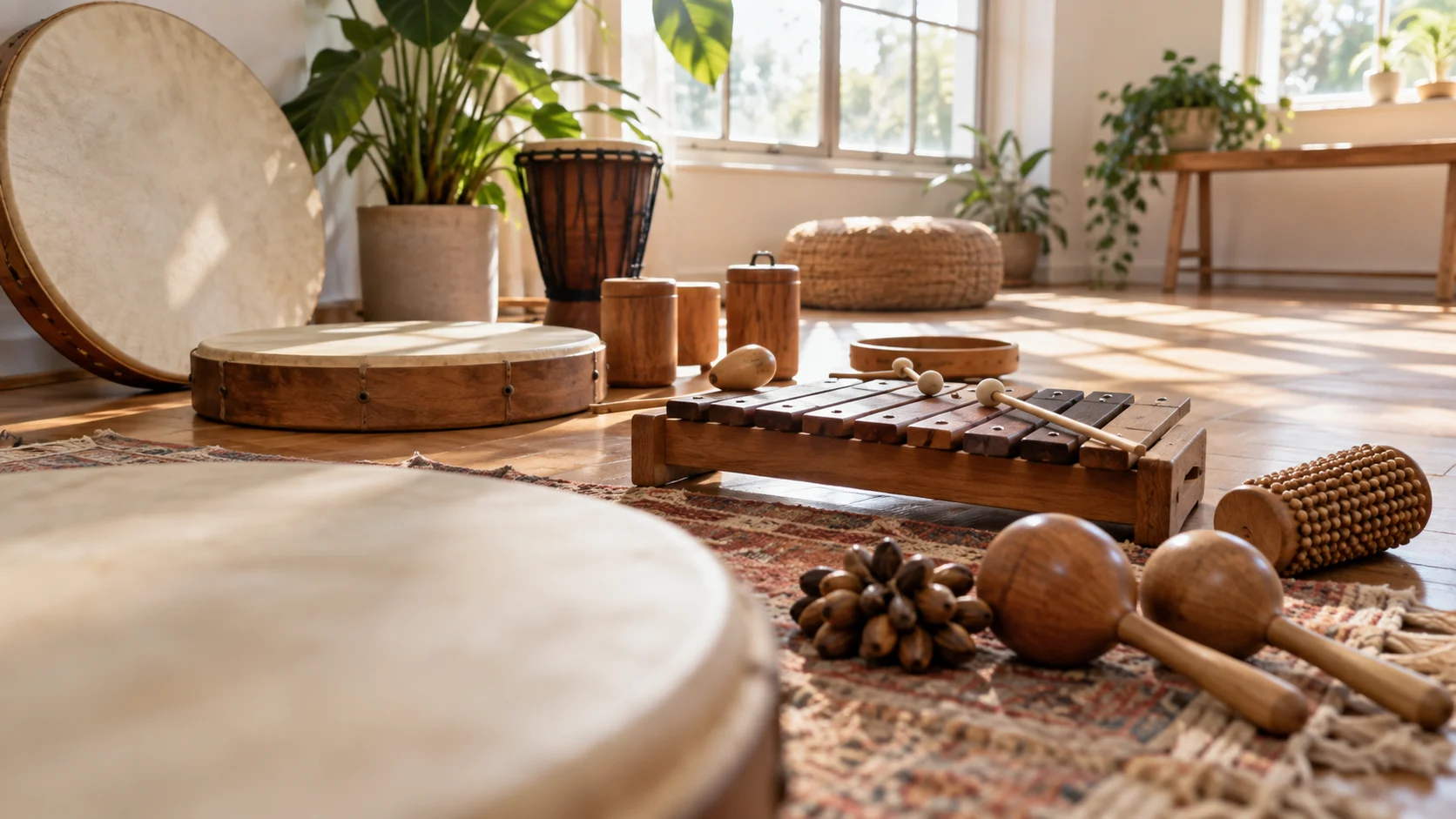 Plain wooden percussion instruments fill a bright plant-lined studio.