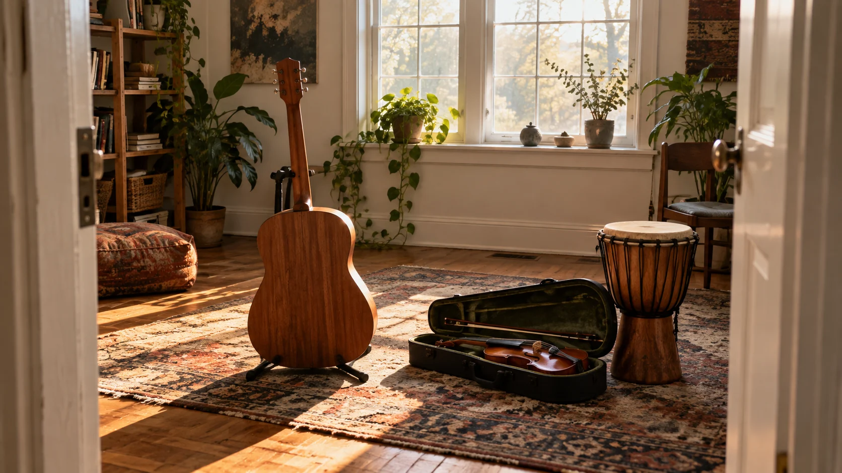 A guitar, violin and hand drum rest in an empty sunlit rehearsal room.