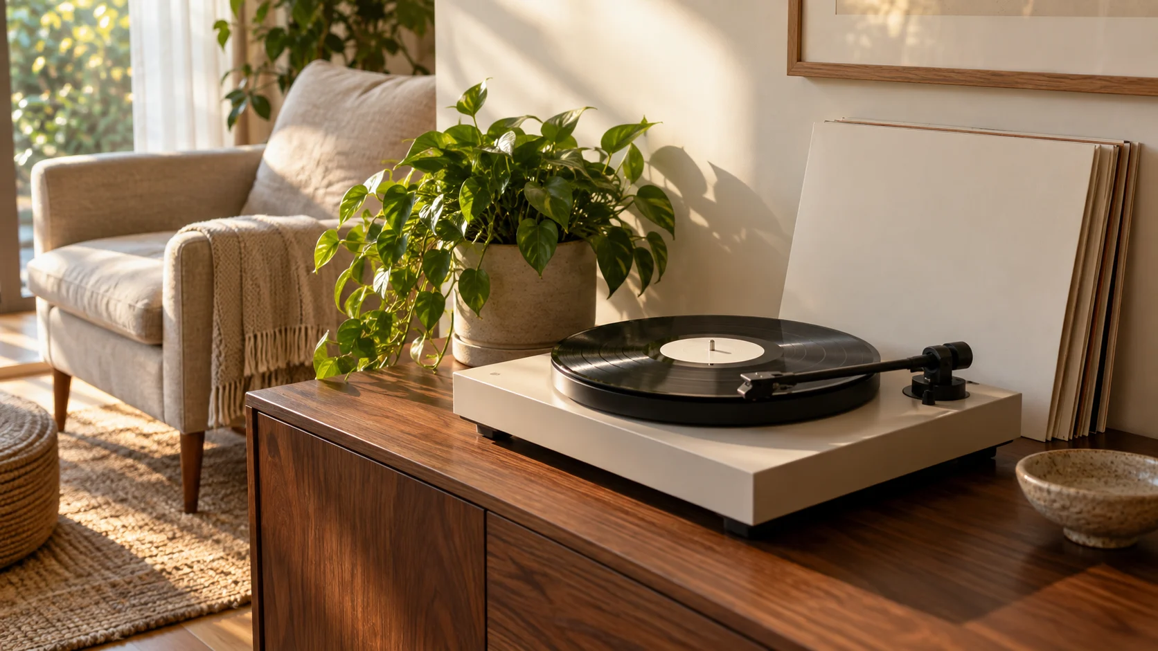 A blank black record spins in a warm, plant-filled listening nook.