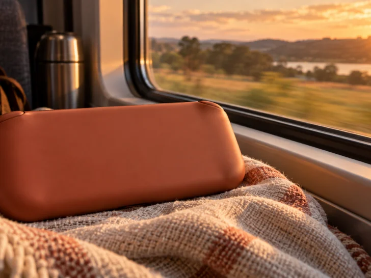 Unmarked handheld device beside a train window