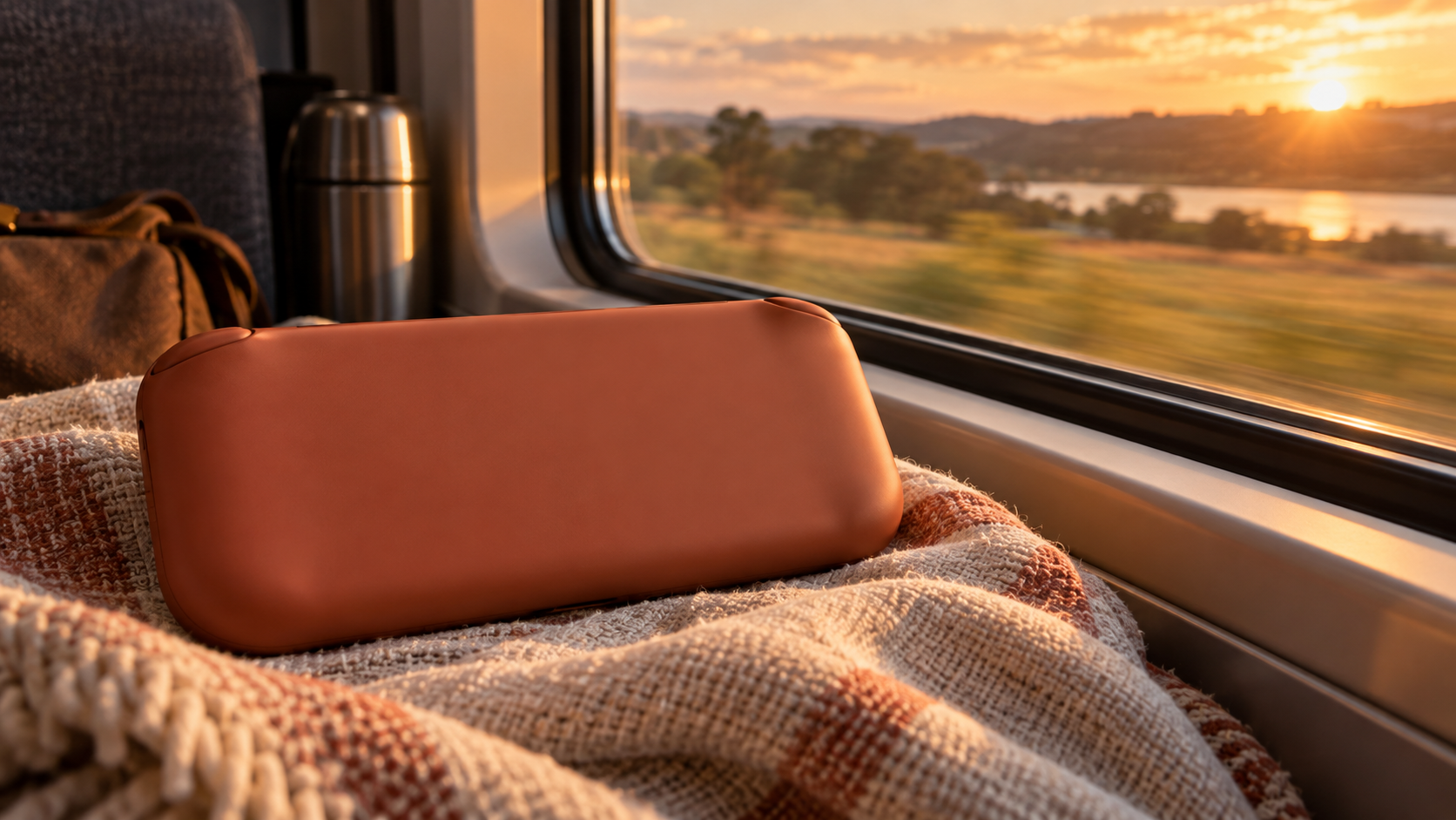 Unmarked handheld device beside a train window