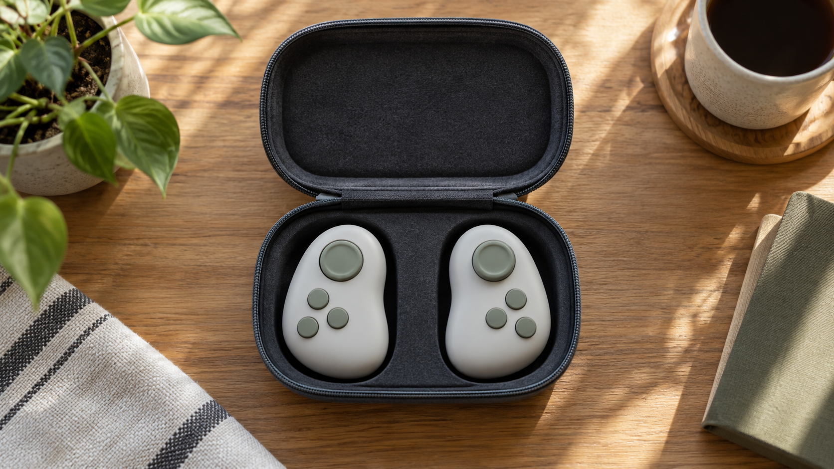 Two portable game controls in a travel case