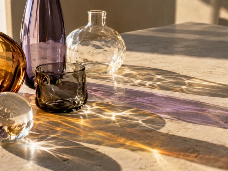 Amber, violet and clear glass cast overlapping shadows across a stone table.