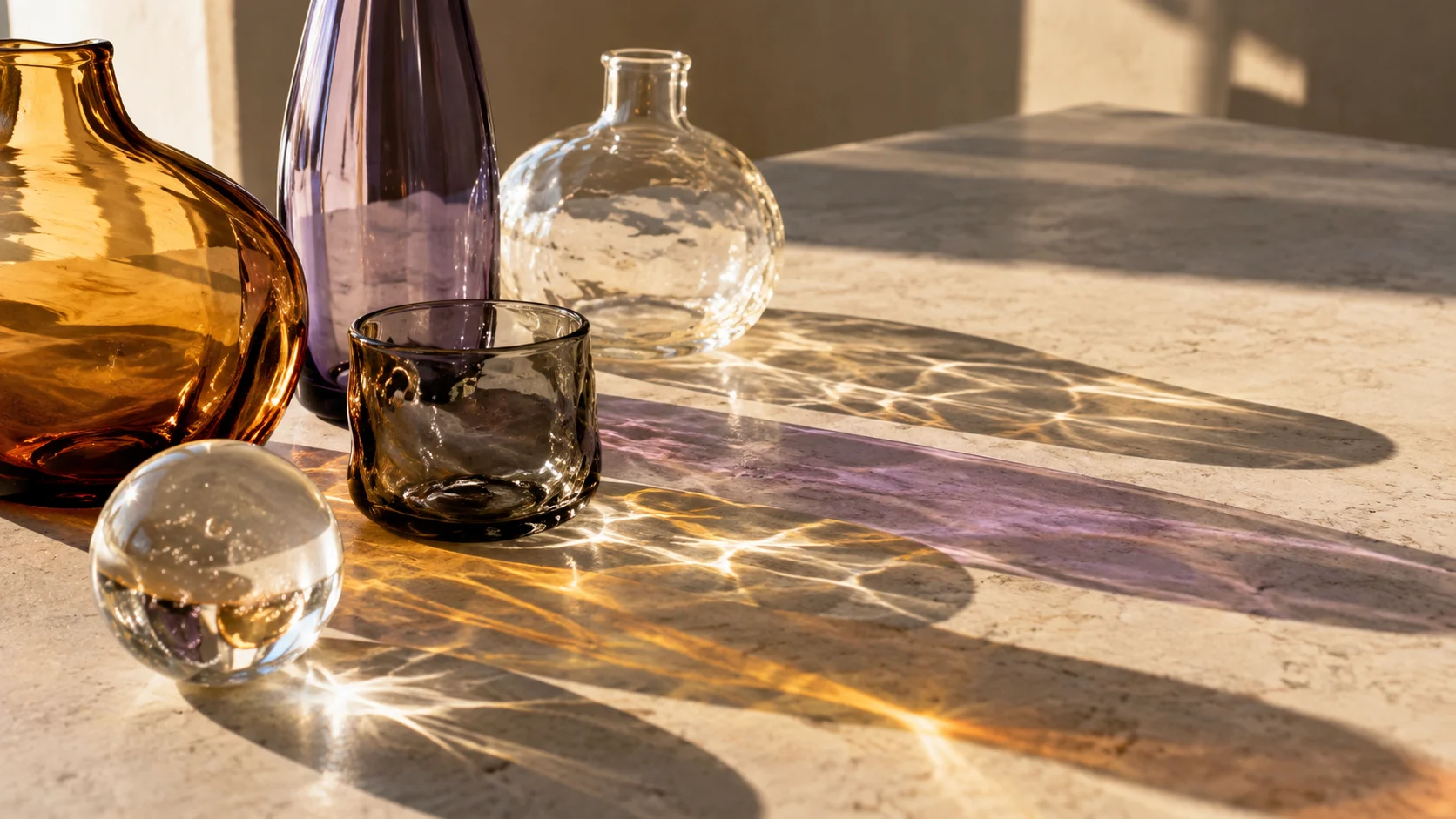 Amber, violet and clear glass cast overlapping shadows across a stone table.