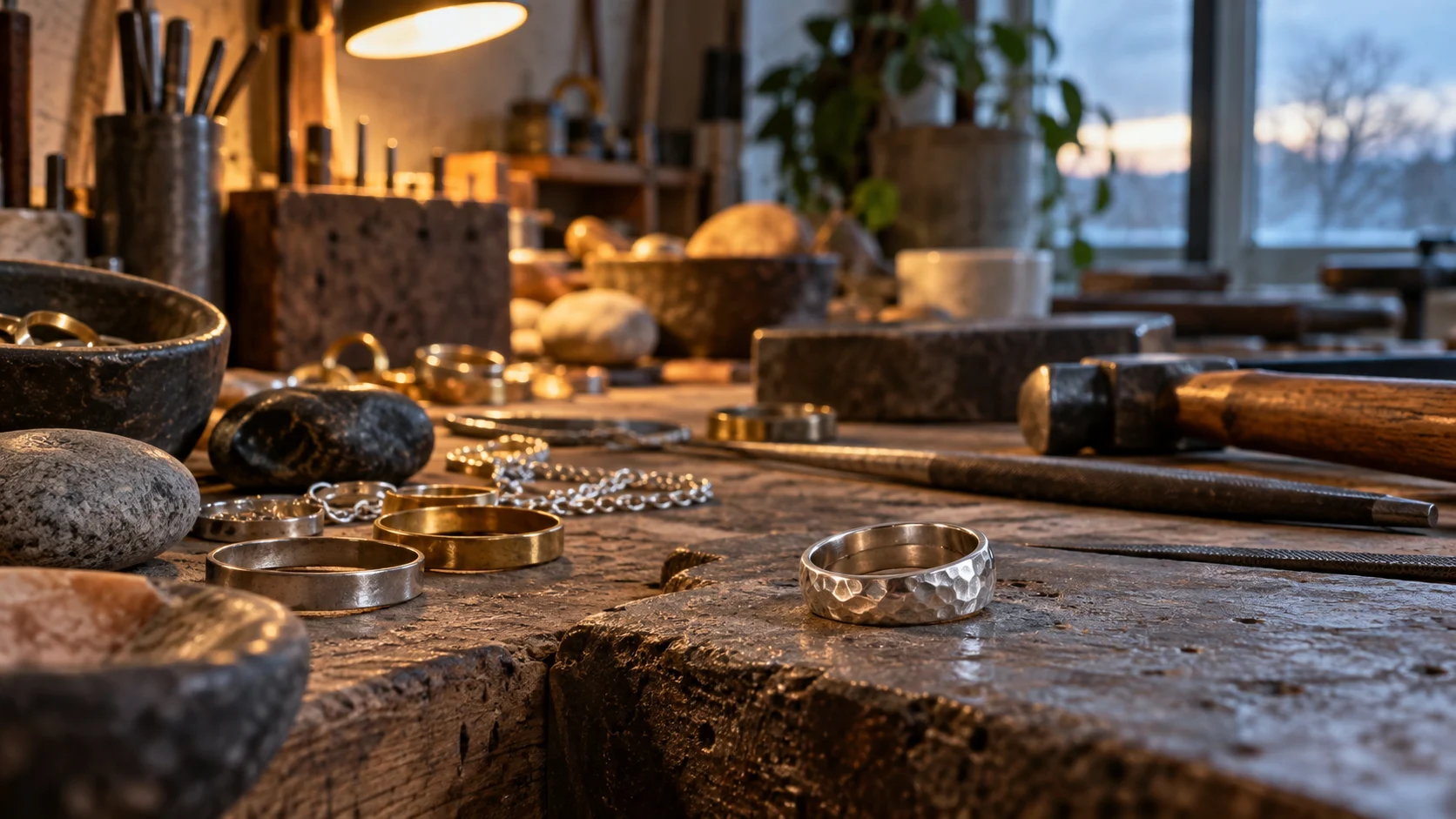 Plain silver and brass rings lie among tools and smooth stones on a jewelry bench.