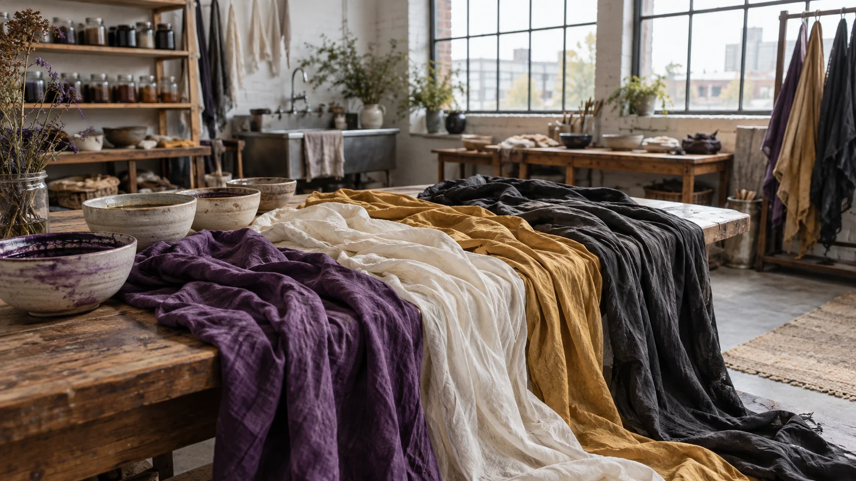 Violet, cream, gold and charcoal fabrics drape across a bright dye studio.