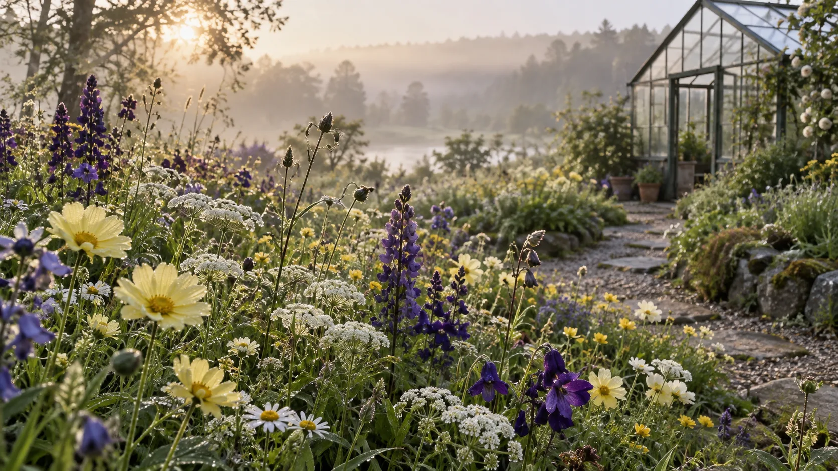 Yellow, white and violet wildflowers border a greenhouse path in morning mist.