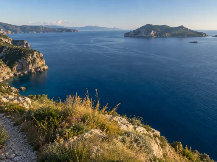 A deep blue bay curves beneath a high coastal cliff.
