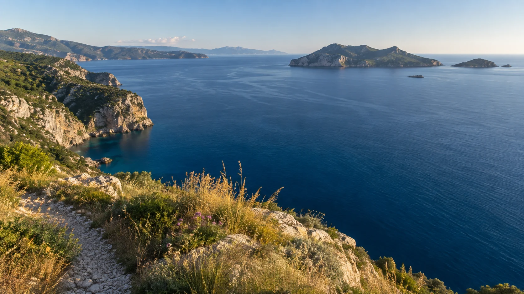 A deep blue bay curves beneath a high coastal cliff.