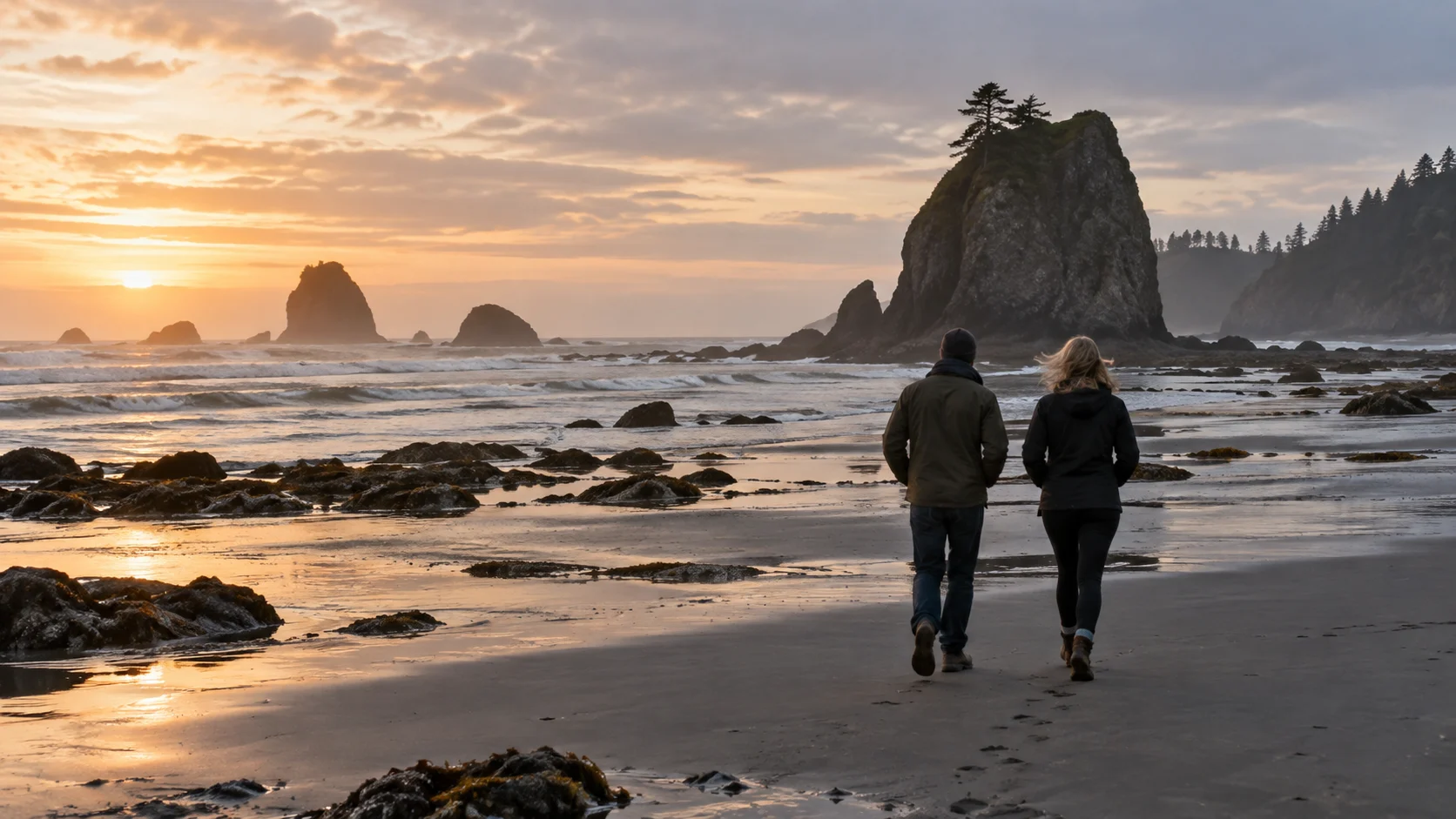 Two friends stand on a windswept shore looking toward the ocean.