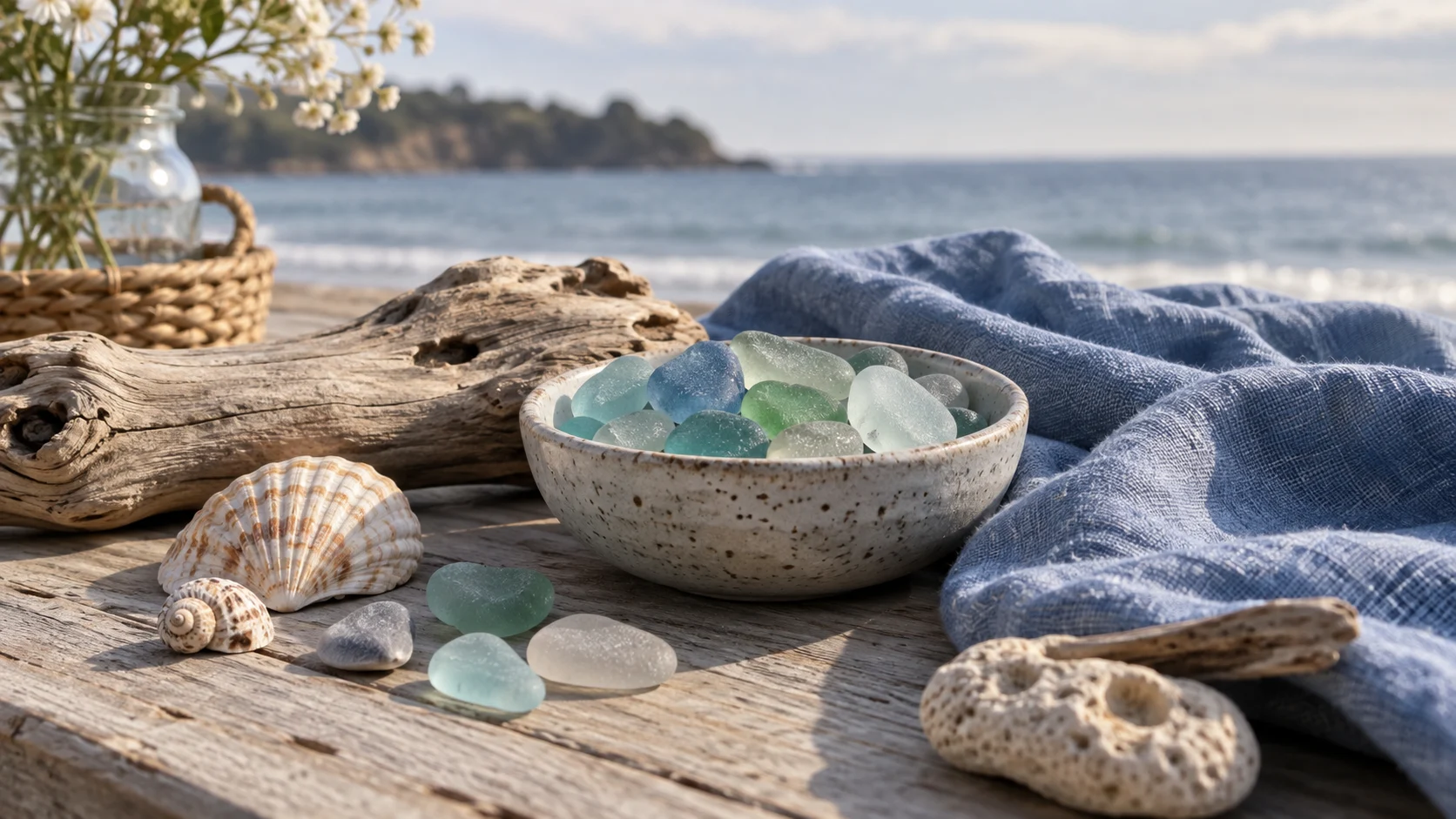 Sea glass and smooth shells rest on weathered wood near the shore.
