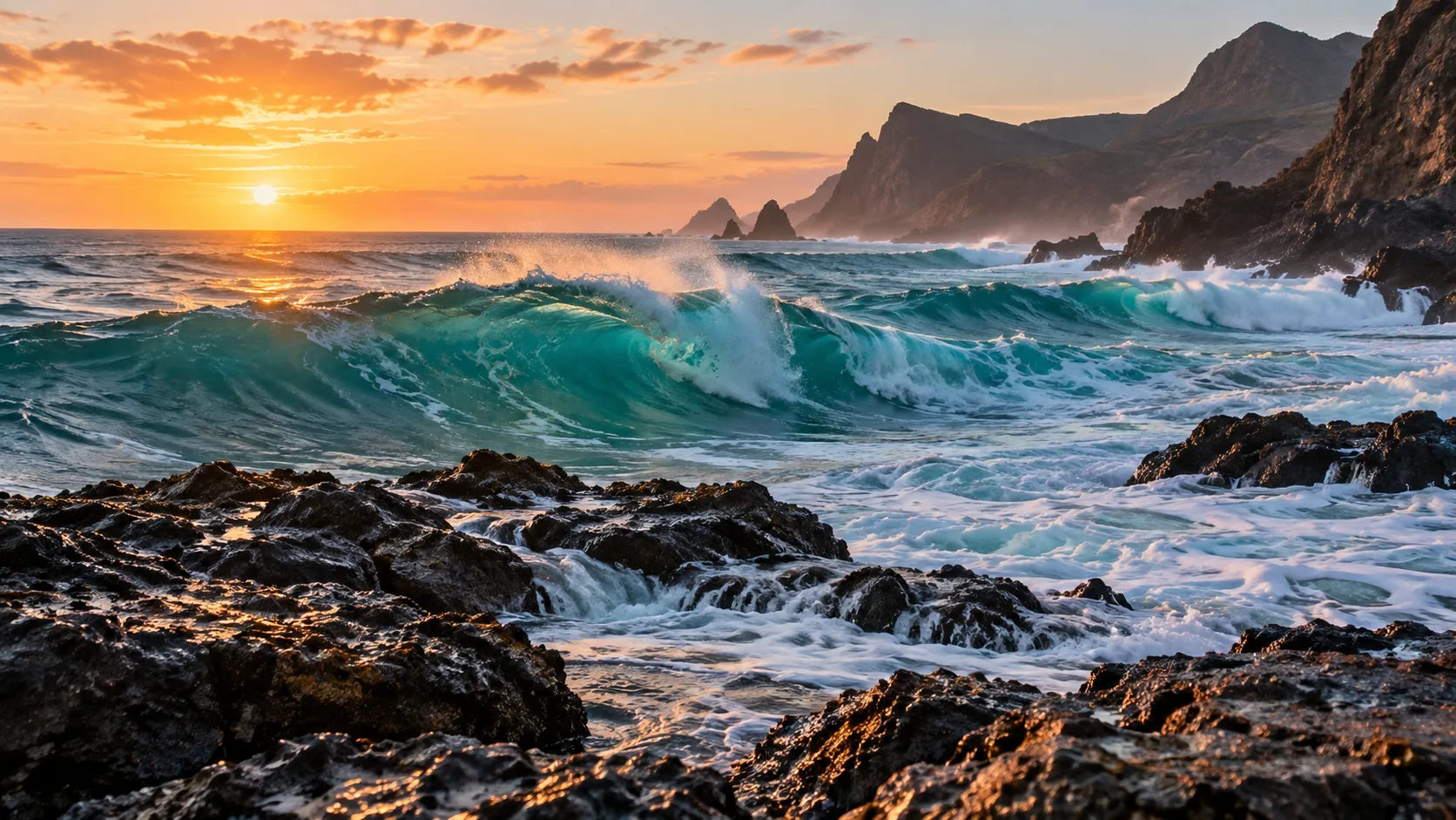 Turquoise waves roll toward a rugged sunlit coast.