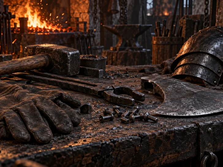 A soot-dark forge workbench with iron tools, armor, gloves, and an unfinished axe head.