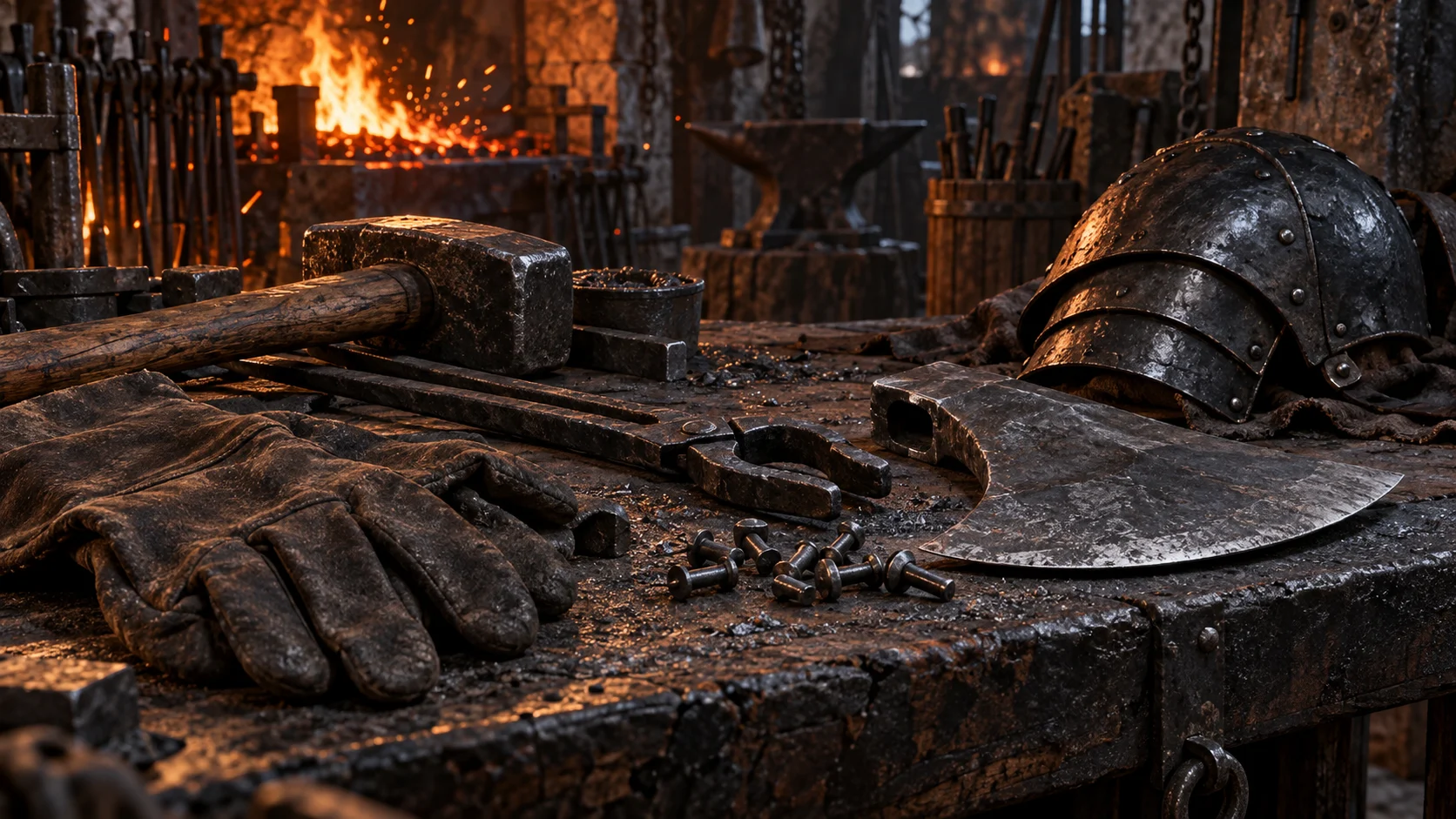 A soot-dark forge workbench with iron tools, armor, gloves, and an unfinished axe head.