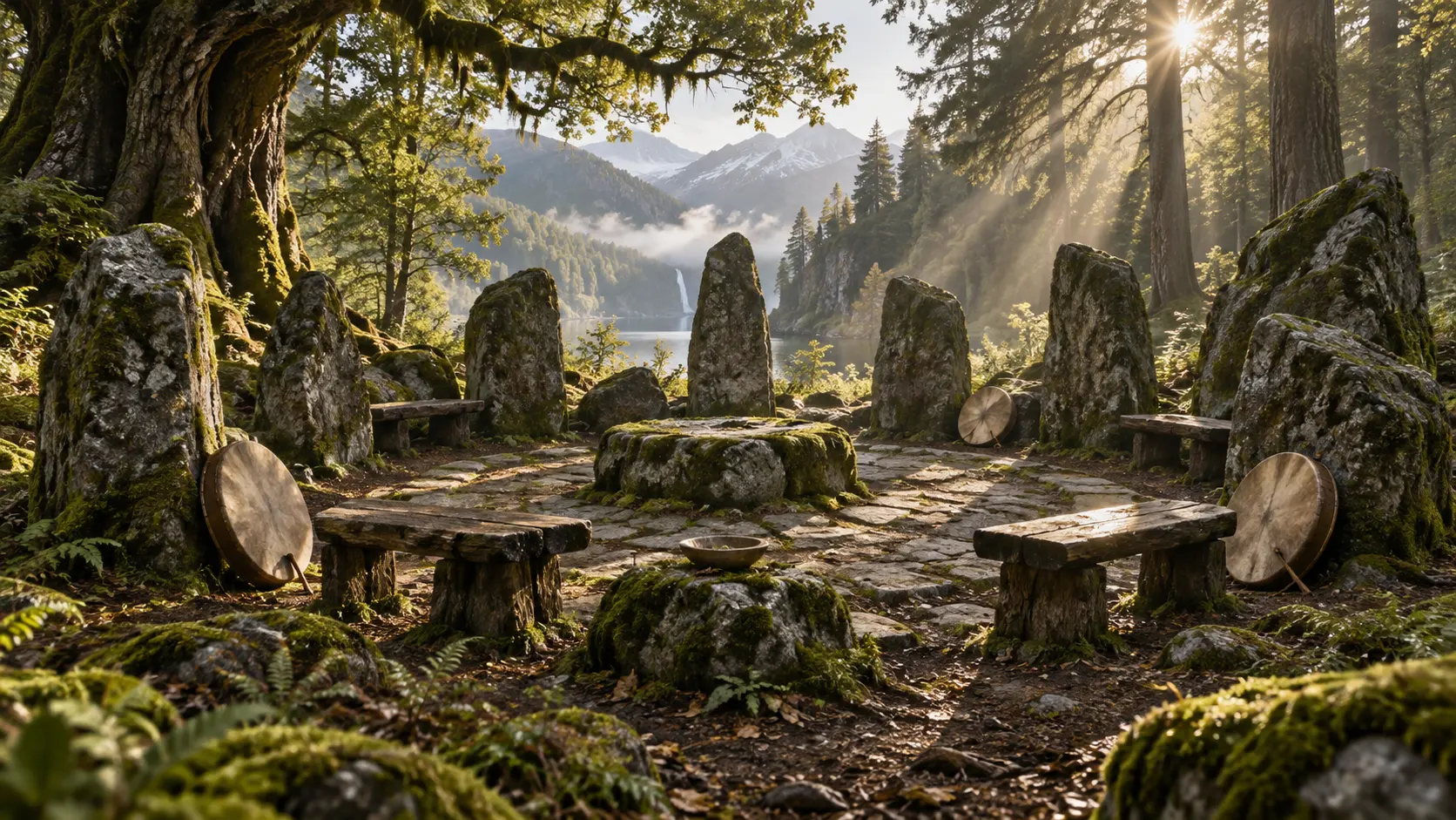 A mossy woodland stone gathering circle with plain drums and wooden benches.