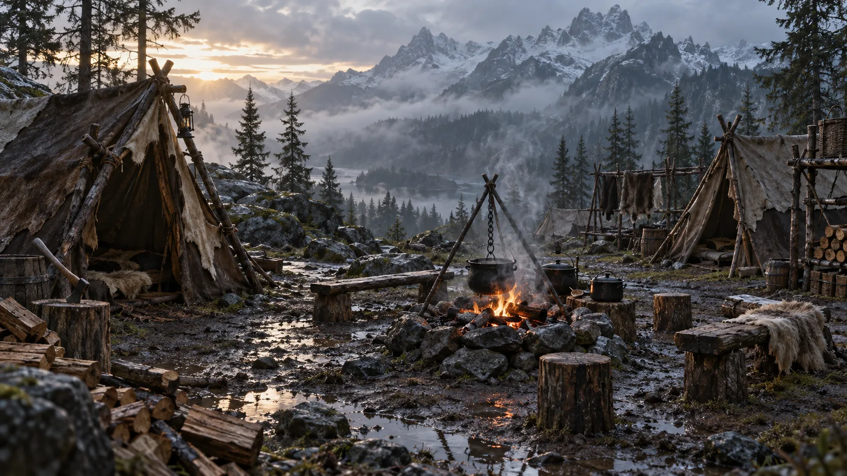 An empty hide-tent encampment around a smoky fire in misty mountains.
