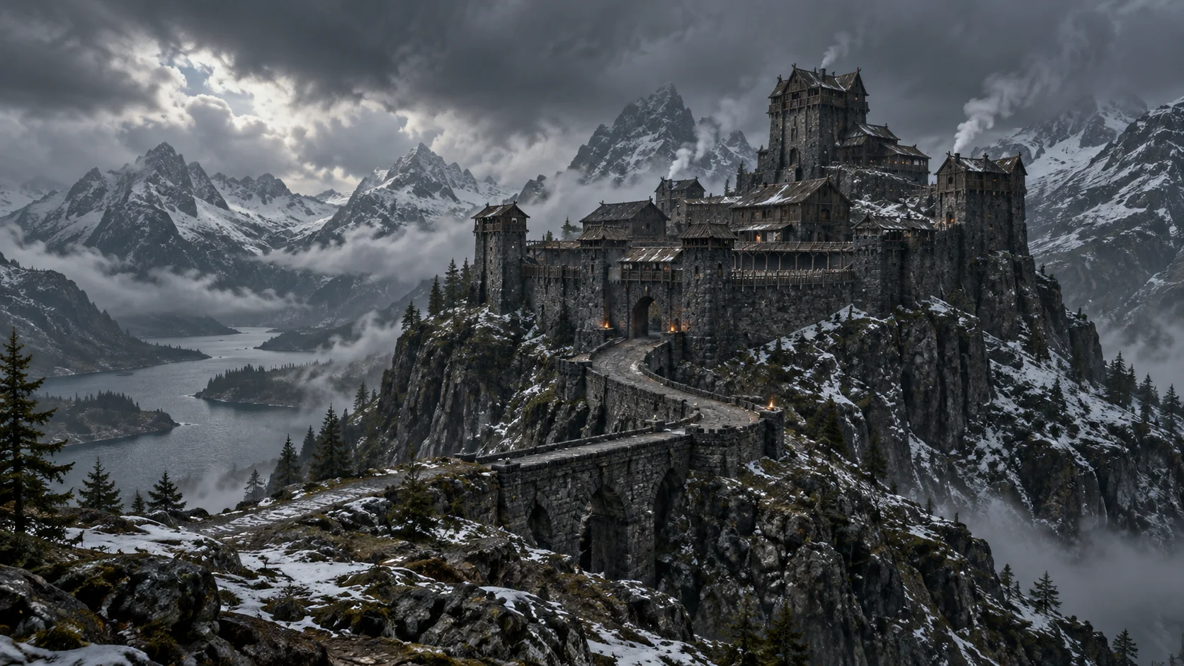 A rugged dark stone fortress on a snowy mountain ridge beneath storm clouds.