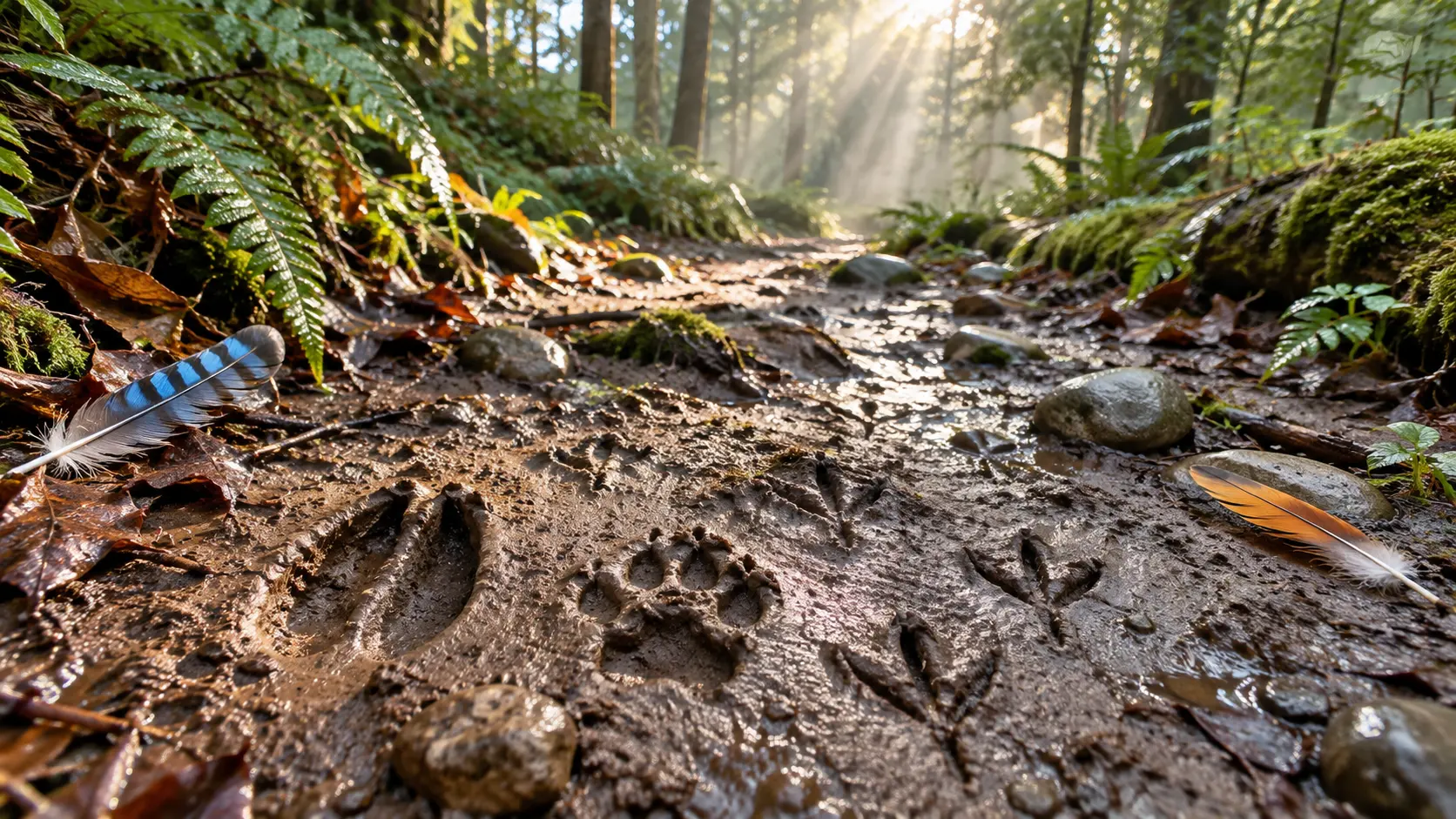 Different animal tracks and colorful feathers cross a muddy forest trail.